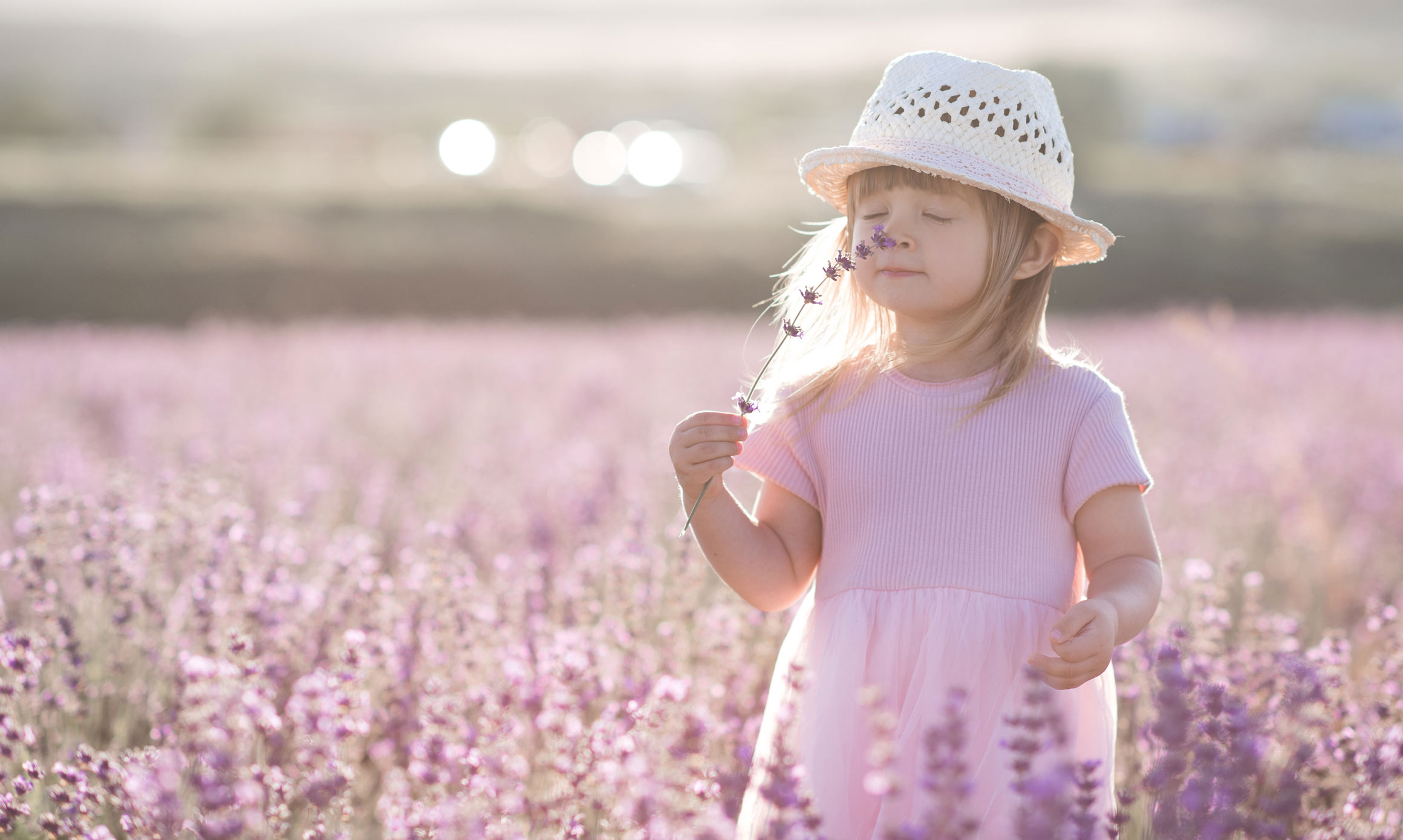 Mädchen steht im Lavendelfeld und riecht an Blume